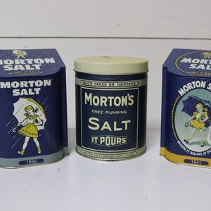 Vintage Morton Salt Tins | Set of 3 | Umbrella Girl Collectible Canisters